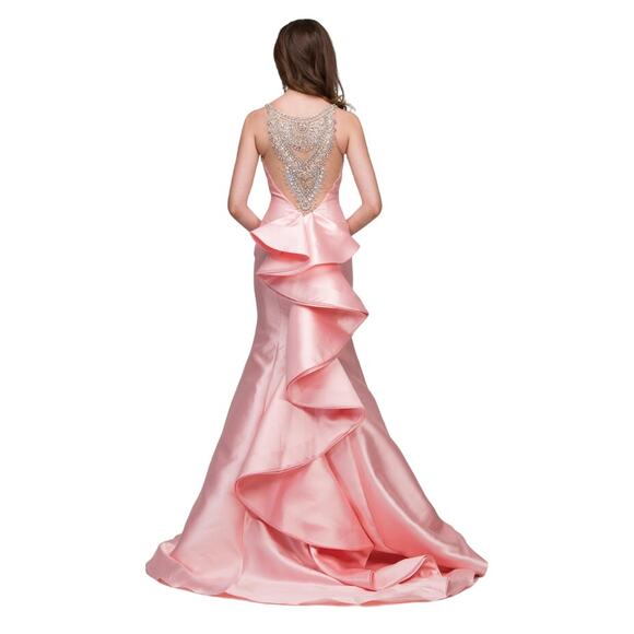 Lucci Lu 8232, Blush Trumpet Gown w/ Crystal Illusion & Ruffle Back, 2 - Picture 2 of 8